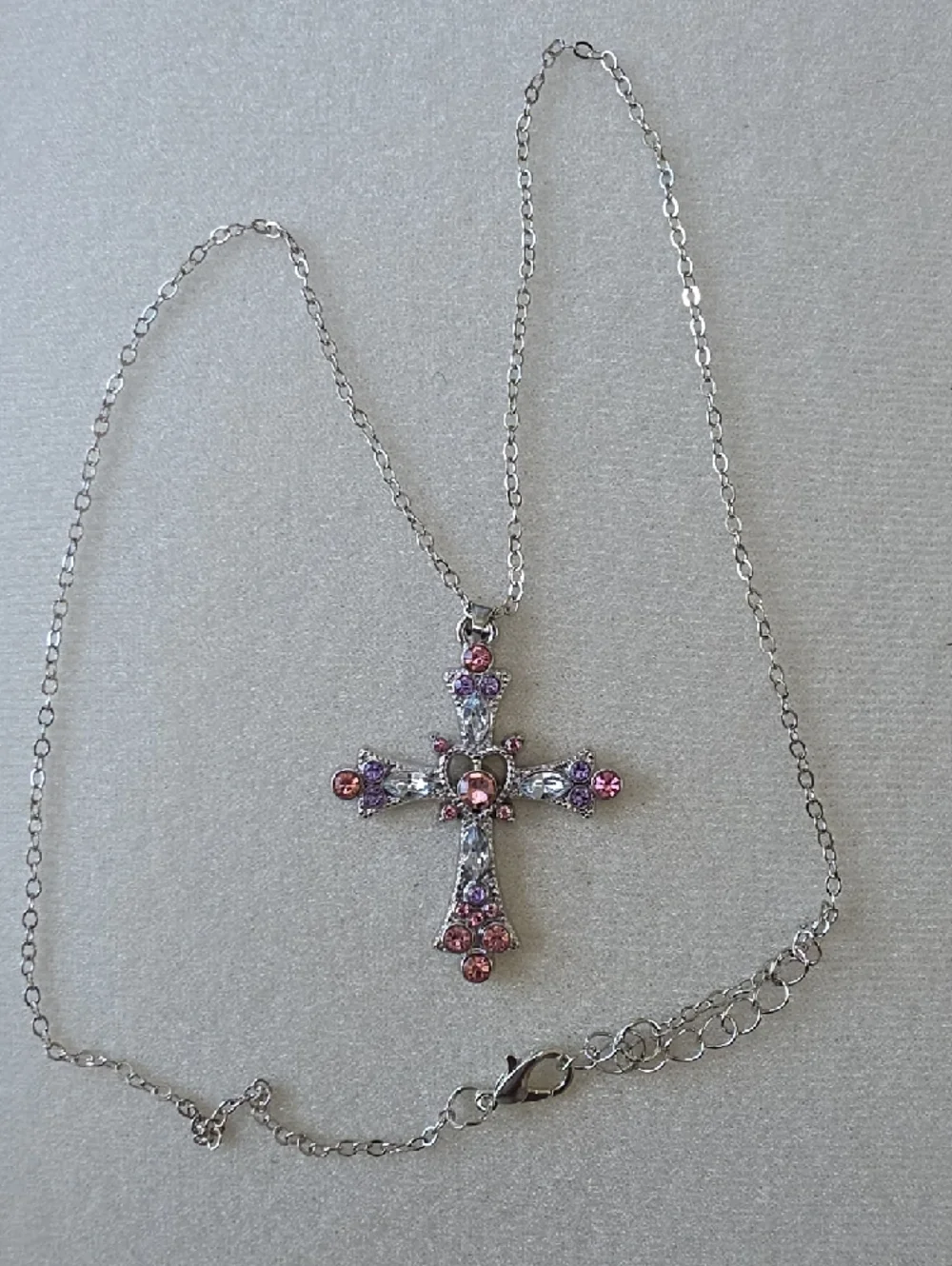 Cross Pendant Necklace with Pink and Purple Crystals - Picture 4 of 4